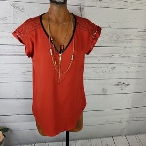 Express Burnt Orange Crochet Zipper Blouse